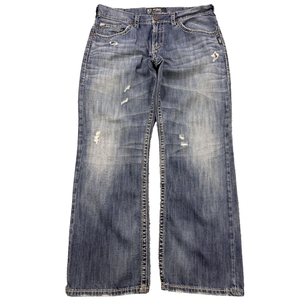 Silver Gordie Selvedge Jeans Men 36x32 Blue Whisker Distressed Denim